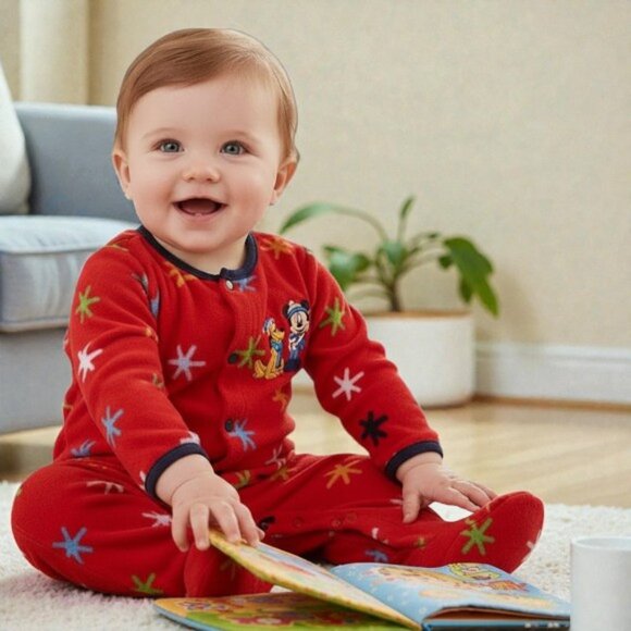 Disney Baby Red Fleece Footie Mickey Mouse and Pluto Pajama 3-6 Months - Picture 1 of 11